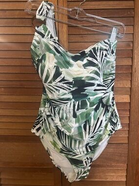One shoulder Green Tropical Print Swimsuit Sz 8